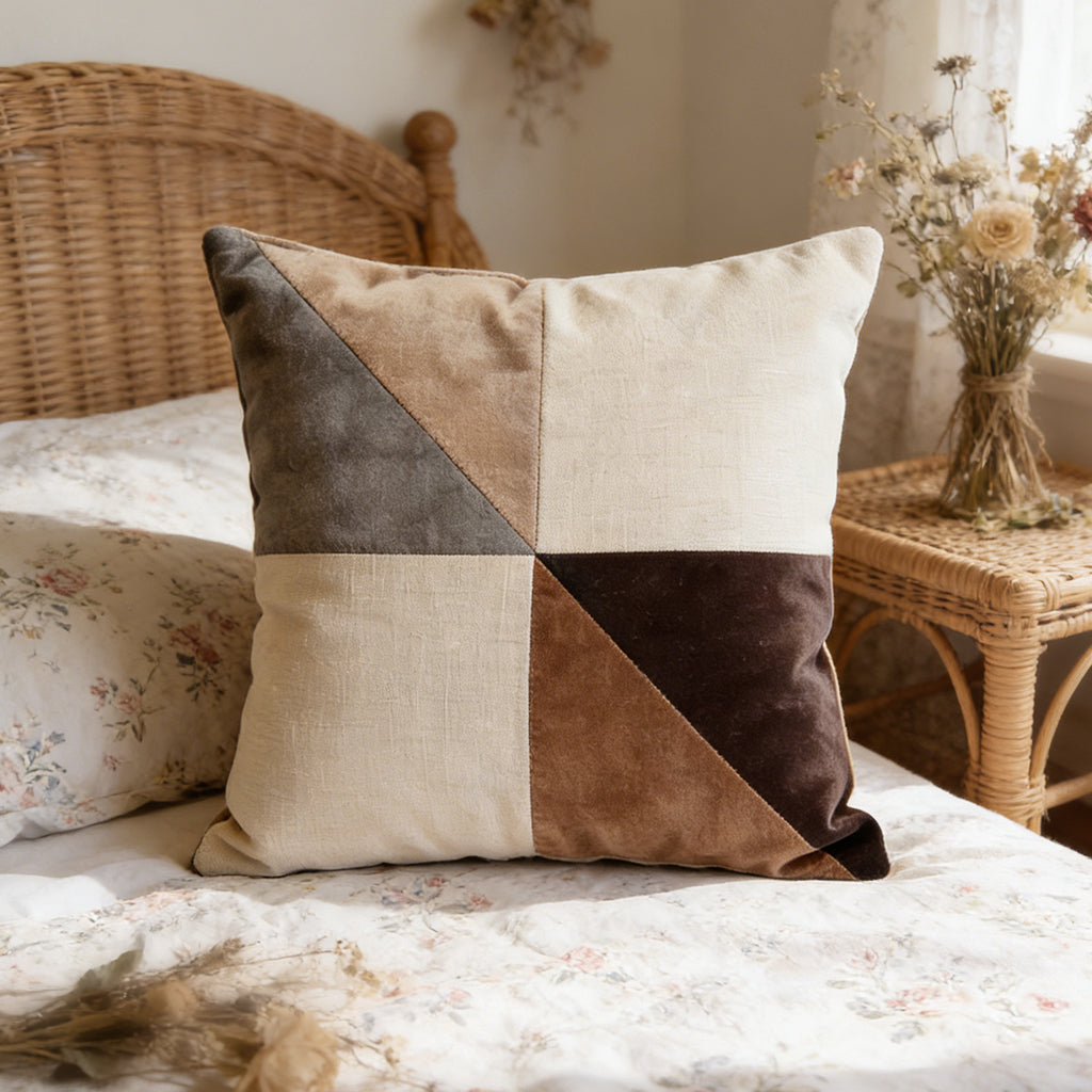 Neutral Patchwork Velvet Throw Pillow